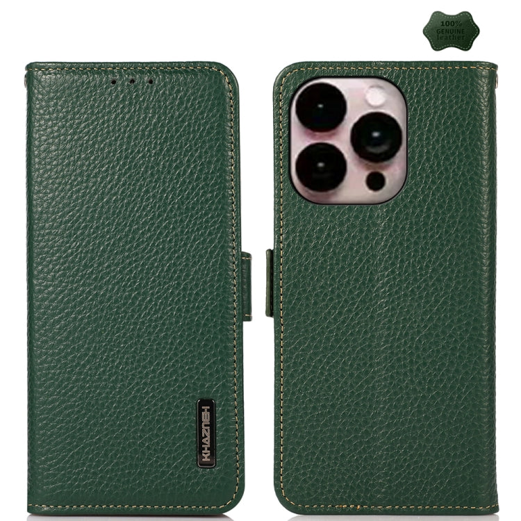 For iPhone 16 Pro Max KHAZNEH Side-Magnetic Litchi Genuine Leather RFID Case(Green) - iPhone 16 Pro Max Cases by buy2fix | Online Shopping UK | buy2fix