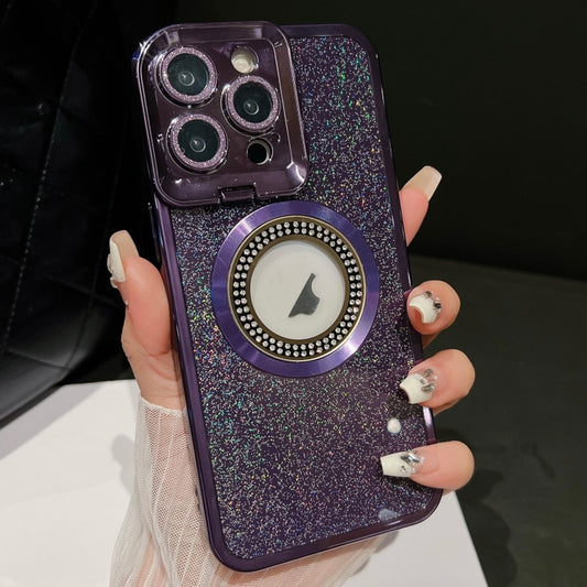 For iPhone 14 Pro Starry Glitter MagSafe Lens Holder Phone Case(Purple) - iPhone 14 Pro Cases by buy2fix | Online Shopping UK | buy2fix