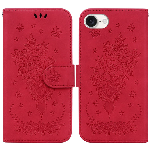 For iPhone SE 2024 Butterfly Rose Embossed Leather Phone Case(Red) - More iPhone Cases by buy2fix | Online Shopping UK | buy2fix