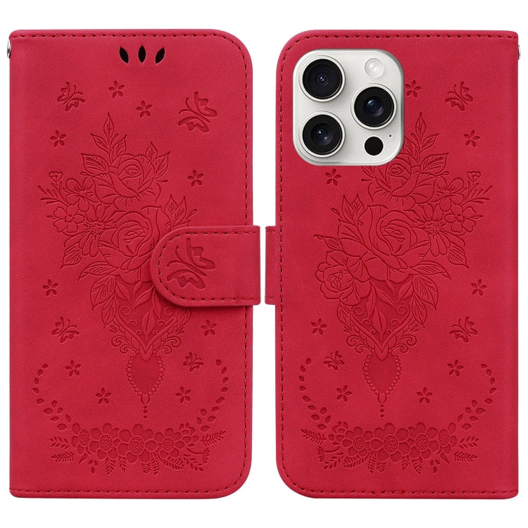 For iPhone 16 Pro Max Butterfly Rose Embossed Leather Phone Case(Red) - iPhone 16 Pro Max Cases by buy2fix | Online Shopping UK | buy2fix