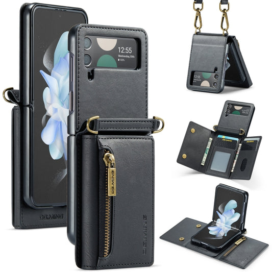 For Samsung Galaxy Z Flip4 5G DG.MING M5 Series Zip RFID Multi Card Detachable Leather Phone Case with Long Lanyard(Black) - Galaxy Z Flip4 5G Cases by DG.MING | Online Shopping UK | buy2fix