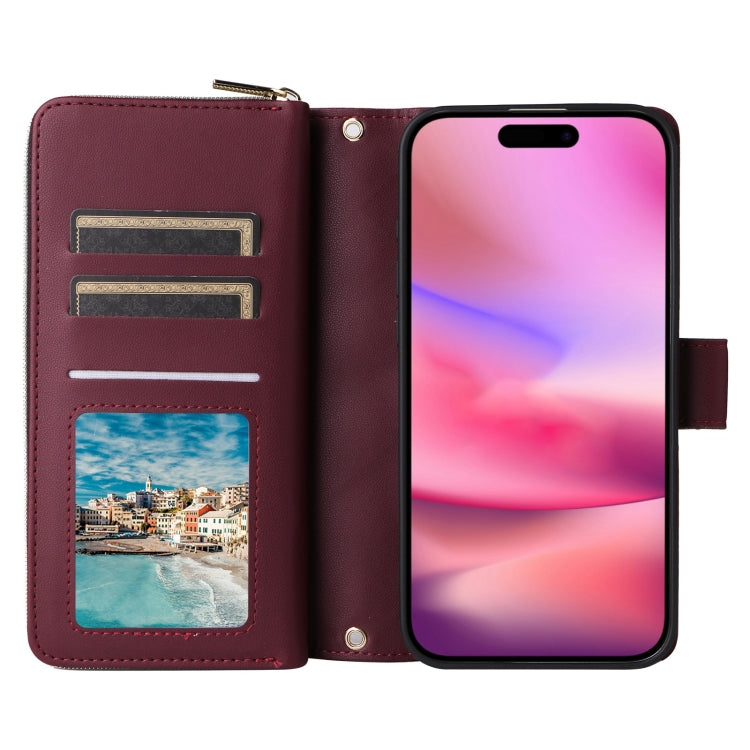 For iPhone 16 Crossbody Rhombic Zipper Tower Buckle Leather Phone Case with Lanyard(Wine Red) - iPhone 16 Cases by buy2fix | Online Shopping UK | buy2fix