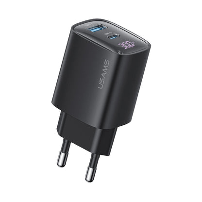 USAMS CC229 30W USB+USB-C / Type-C Dual Port GaN Digital Display Charger, Specifications: EU Plug(Black) - USB Charger by USAMS | Online Shopping UK | buy2fix