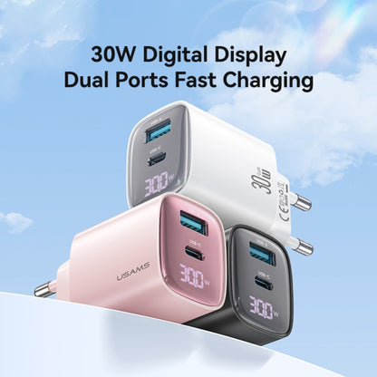 USAMS CC229 30W USB+USB-C / Type-C Dual Port GaN Digital Display Charger, Specifications: EU Plug(Black) - USB Charger by USAMS | Online Shopping UK | buy2fix