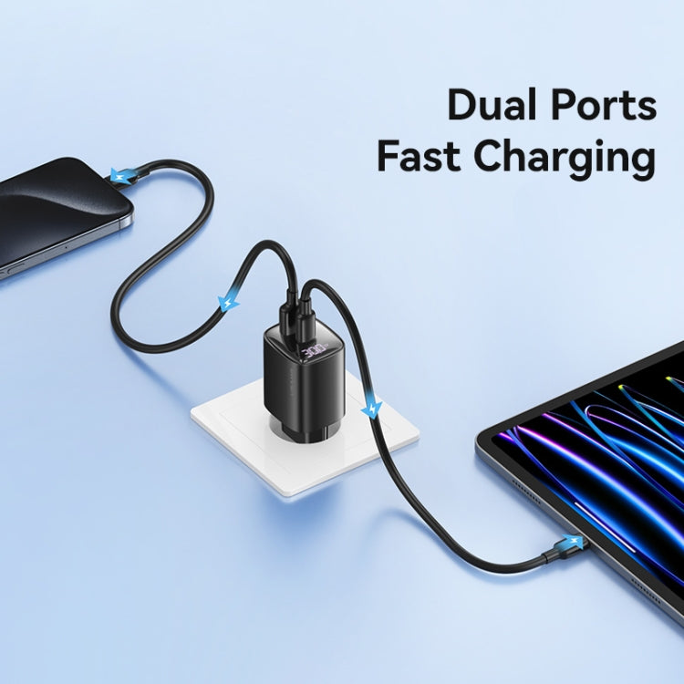 USAMS CC229 30W USB+USB-C / Type-C Dual Port GaN Digital Display Charger, Specifications: EU Plug(Black) - USB Charger by USAMS | Online Shopping UK | buy2fix