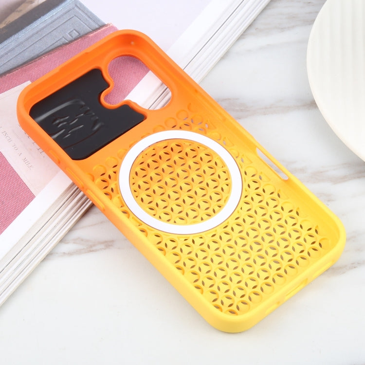 For iPhone 16 Plus Gradient Color Honeycomb Aromatherapy MagSafe Phone Case(Orange Yellow) - iPhone 16 Plus Cases by buy2fix | Online Shopping UK | buy2fix