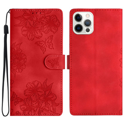 For iPhone 16 Pro Max Cherry Blossom Butterfly Skin Feel Embossed PU Phone Case(Red) - iPhone 16 Pro Max Cases by buy2fix | Online Shopping UK | buy2fix