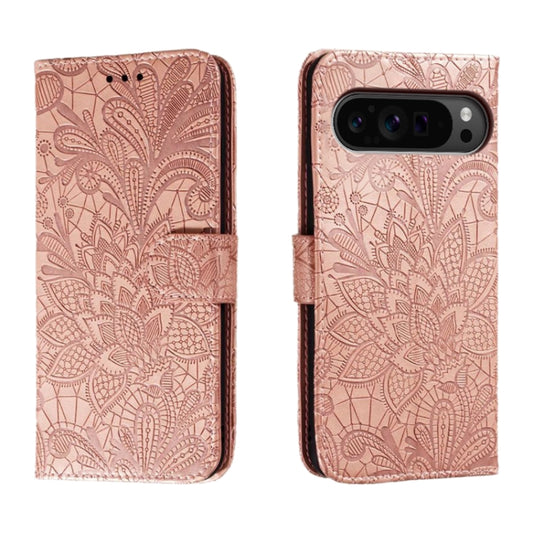 For Google Pixel 9 Pro Lace Flower Embossing Flip Leather Phone Case(Rose Gold) - Google Cases by buy2fix | Online Shopping UK | buy2fix