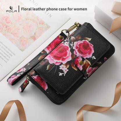 For iPhone 14 Pro Max POLA MagSafe Flower Multi-functional Zipper Wallet Leather Phone Case(Black) - iPhone 14 Pro Max Cases by buy2fix | Online Shopping UK | buy2fix