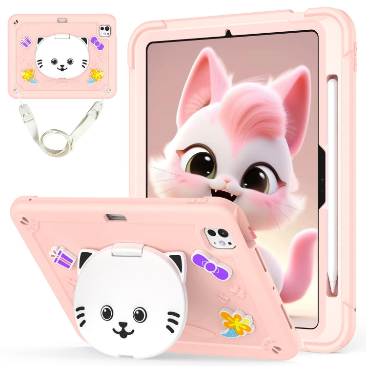 For iPad Pro 11 2024 Cat Holder Silicone Hybrid PC Tablet Case with Strap(Rose Pink) - iPad Pro 11 2024 Cases by buy2fix | Online Shopping UK | buy2fix