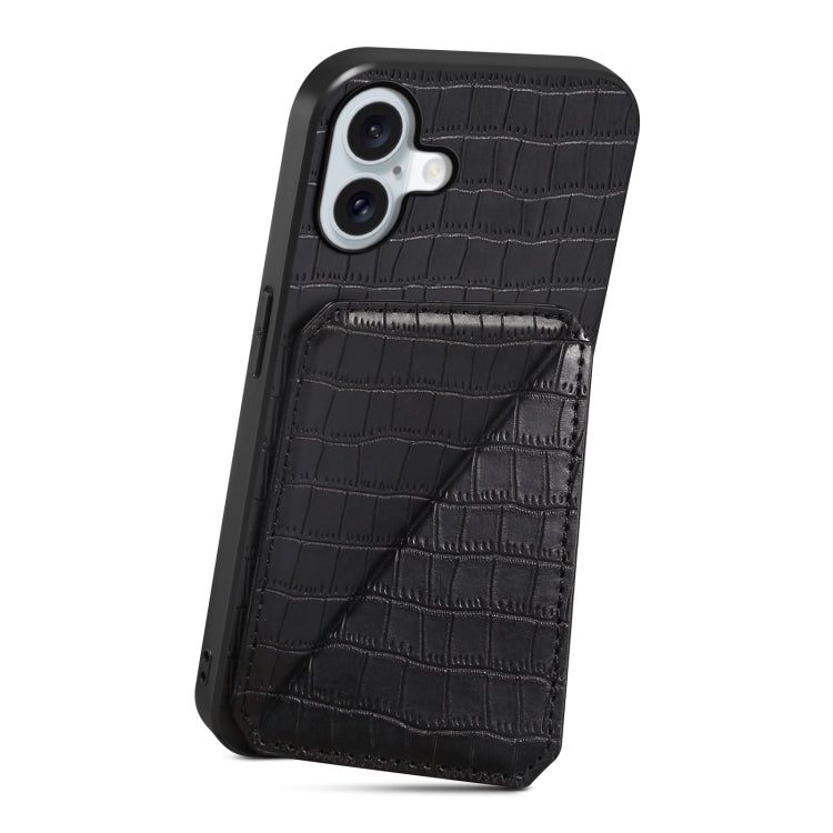 For iPhone 16 Imitation Crocodile Leather Back Phone Case with Holder(Black) - iPhone 16 Cases by buy2fix | Online Shopping UK | buy2fix