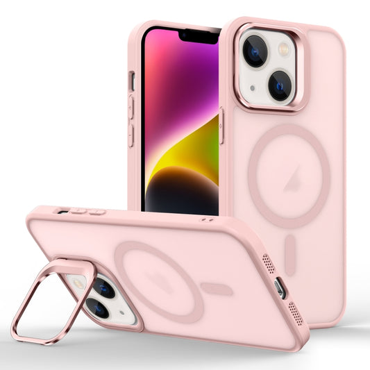 For iPhone 14 Plus Skin Feel Lens Holder Magsafe Phone Case(Pink) - iPhone 14 Plus Cases by buy2fix | Online Shopping UK | buy2fix