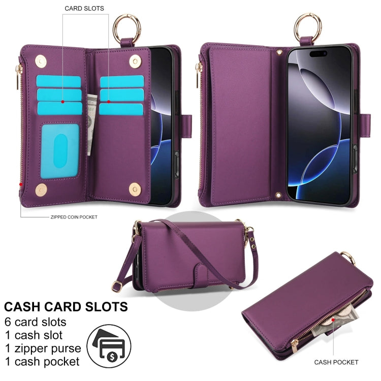 For iPhone 16 Pro Max Crossbody Ring Multifunctional Wallet Leather Phone Case(Dark Purple) - iPhone 16 Pro Max Cases by buy2fix | Online Shopping UK | buy2fix