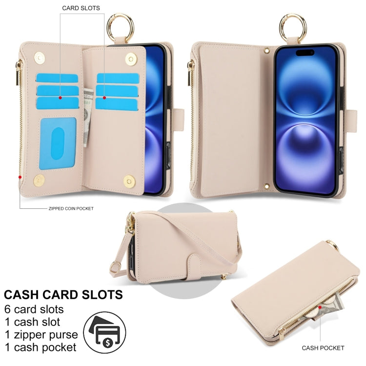 For iPhone 16 Plus Crossbody Ring Multifunctional Wallet Leather Phone Case(White) - iPhone 16 Plus Cases by buy2fix | Online Shopping UK | buy2fix