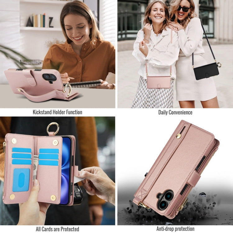 For iPhone 16 Crossbody Ring Multifunctional Wallet Leather Phone Case(Rose Gold) - iPhone 16 Cases by buy2fix | Online Shopping UK | buy2fix