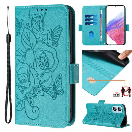 For Blackview A52 Embossed Rose RFID Anti-theft Leather Phone Case(Light Blue) - More Brand by buy2fix | Online Shopping UK | buy2fix