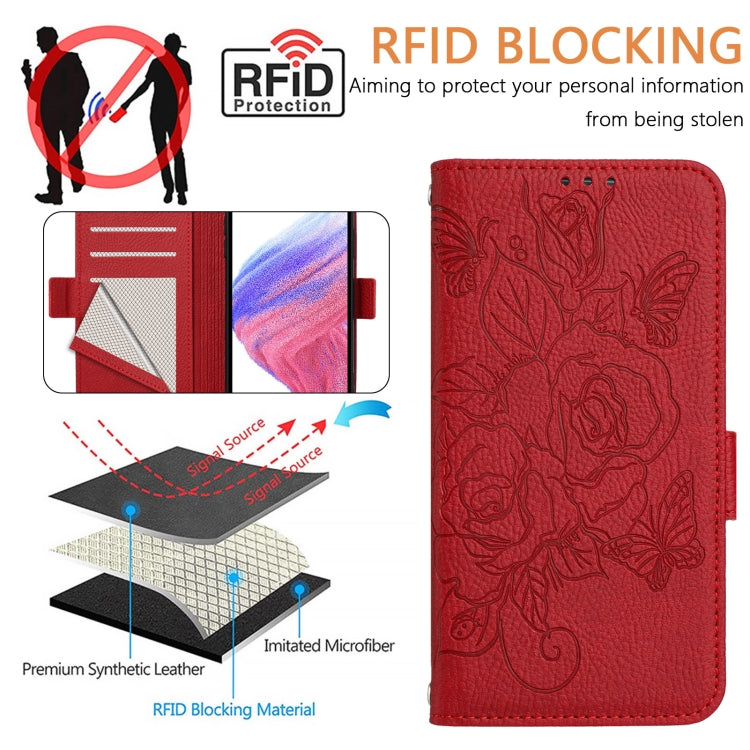 For OnePlus 11 Embossed Rose RFID Anti-theft Leather Phone Case(Red) - OnePlus Cases by buy2fix | Online Shopping UK | buy2fix