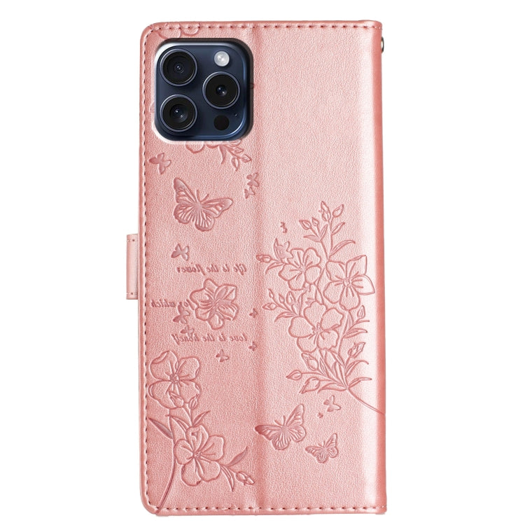 For iPhone 16 Pro Butterflies and Flowers Leather Phone Case(Rose Gold) - iPhone 16 Pro Cases by buy2fix | Online Shopping UK | buy2fix