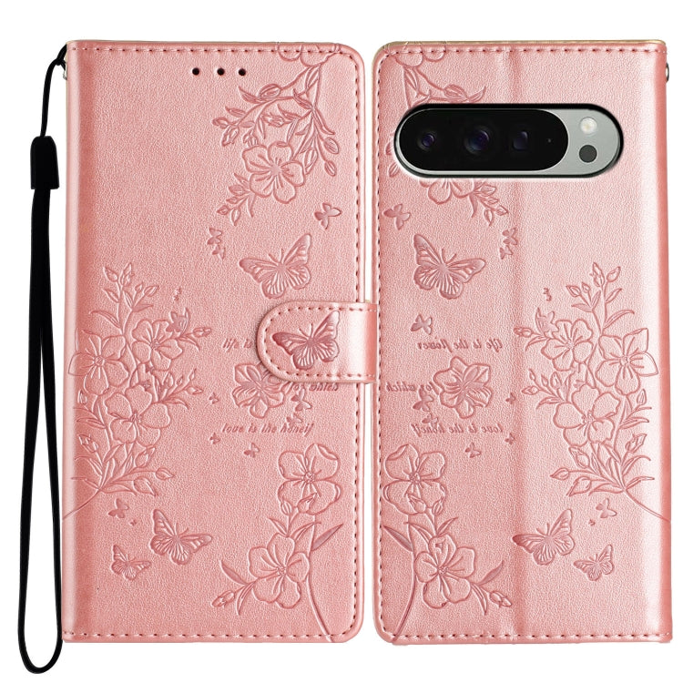 For Google Pixel 9 / 9 Pro Butterflies and Flowers Leather Phone Case(Rose Gold) - Google Cases by buy2fix | Online Shopping UK | buy2fix