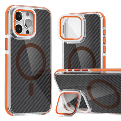 For iPhone 15 Pro Magsafe Dual-Color Carbon Fiber Lens Film Phone Case with Lens Fold Holder(Orange) - iPhone 15 Pro Cases by buy2fix | Online Shopping UK | buy2fix