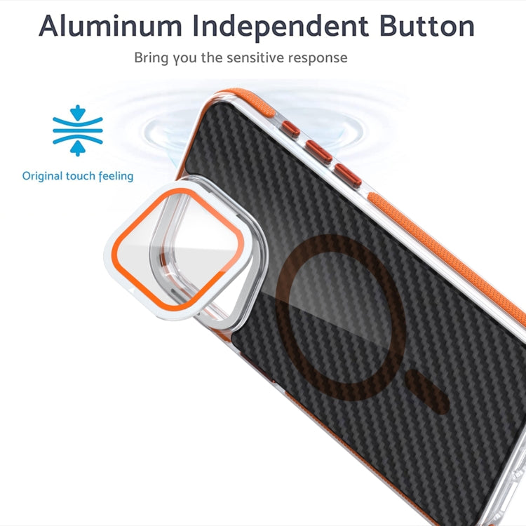 For iPhone 11 Pro Max Magsafe Dual-Color Carbon Fiber Lens Film Phone Case with Lens Fold Holder(Orange) - iPhone 11 Pro Max Cases by buy2fix | Online Shopping UK | buy2fix