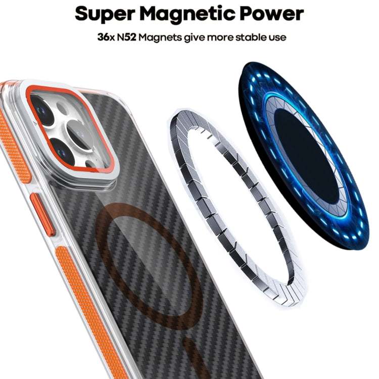 For iPhone 11 Pro Max Magsafe Dual-Color Carbon Fiber Lens Film Phone Case with Lens Fold Holder(Orange) - iPhone 11 Pro Max Cases by buy2fix | Online Shopping UK | buy2fix