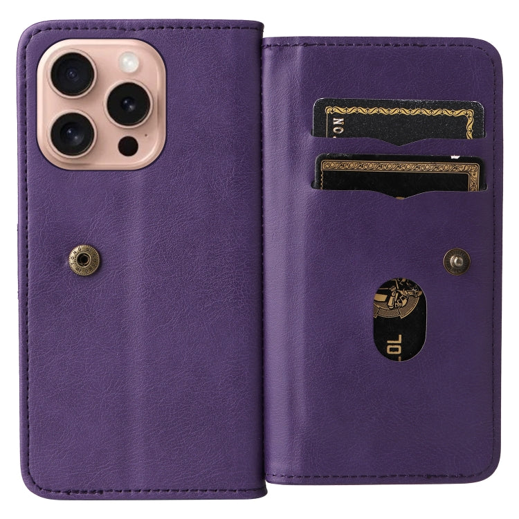 For iPhone 16 Pro Multi-Function Wallet 10 Card Slots Leather Phone Case(Violet) - iPhone 16 Pro Cases by buy2fix | Online Shopping UK | buy2fix