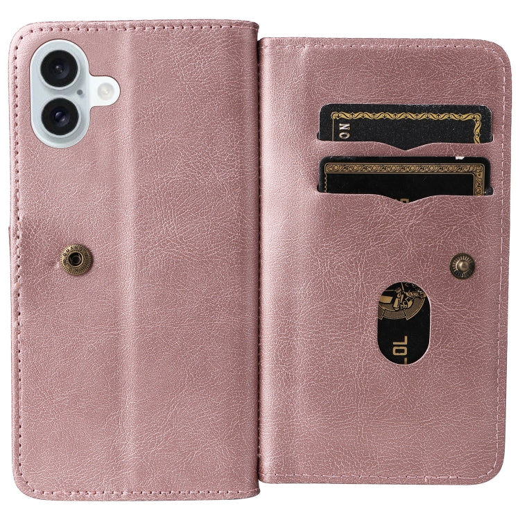 For iPhone 16 Plus Multi-Function Wallet 10 Card Slots Leather Phone Case(Rose Gold) - iPhone 16 Plus Cases by buy2fix | Online Shopping UK | buy2fix