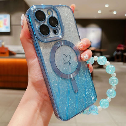 For iPhone 12 Pro Loves Leaves Gradient Glitter Bracelets Carbon Fiber Magsafe TPU Phone Case(Blue) - iPhone 12 / 12 Pro Cases by buy2fix | Online Shopping UK | buy2fix