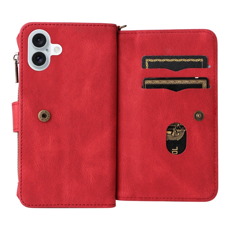 For iPhone 16 Plus Skin Feel Multi Card Slots Zipper Wallet Leather Phone Case(Red) - iPhone 16 Plus Cases by buy2fix | Online Shopping UK | buy2fix