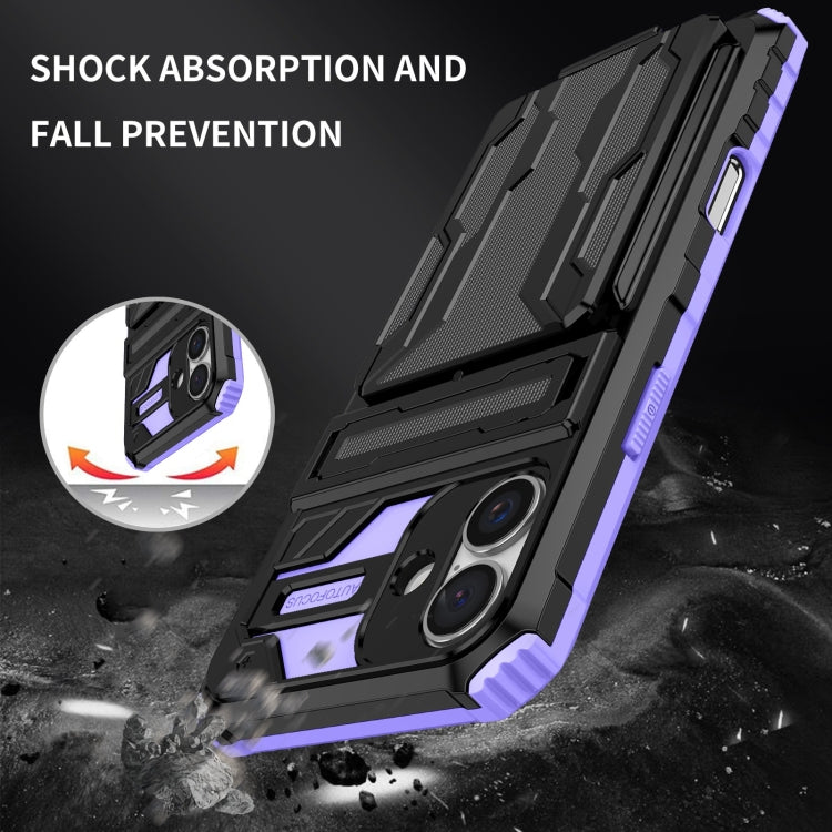 For iPhone 16 Kickstand Armor Card Wallet Phone Case(Purple) - iPhone 16 Cases by buy2fix | Online Shopping UK | buy2fix