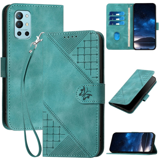 For OnePlus 11 YX0080 Grid Butterfly Embossed Pattern Flip Leather Phone Case with Lanyard(Light Blue) - OnePlus Cases by buy2fix | Online Shopping UK | buy2fix