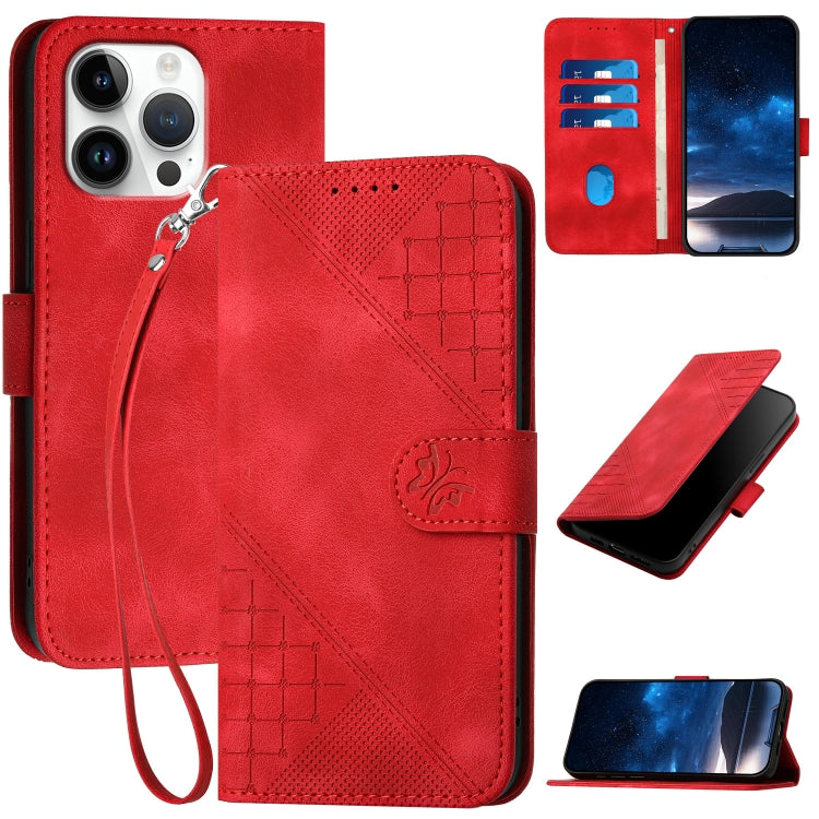 For iPhone 16 Pro Max YX0080 Grid Butterfly Embossed Pattern Flip Leather Phone Case with Lanyard(Red) - iPhone 16 Pro Max Cases by buy2fix | Online Shopping UK | buy2fix