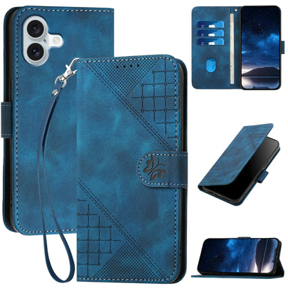 For iPhone 16 Plus YX0080 Grid Butterfly Embossed Pattern Flip Leather Phone Case with Lanyard(Dark Blue) - iPhone 16 Plus Cases by buy2fix | Online Shopping UK | buy2fix