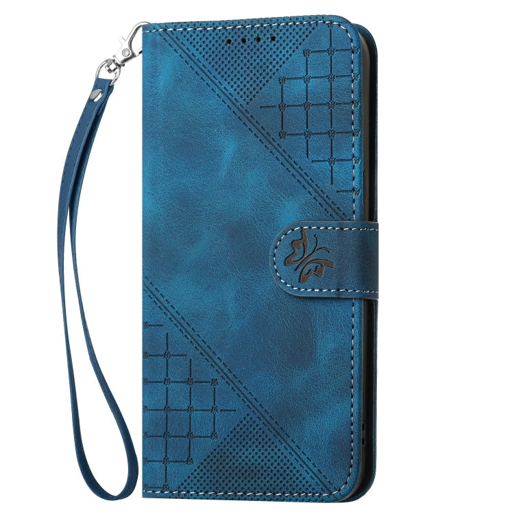 For iPhone 16 YX0080 Grid Butterfly Embossed Pattern Flip Leather Phone Case with Lanyard(Dark Blue) - iPhone 16 Cases by buy2fix | Online Shopping UK | buy2fix