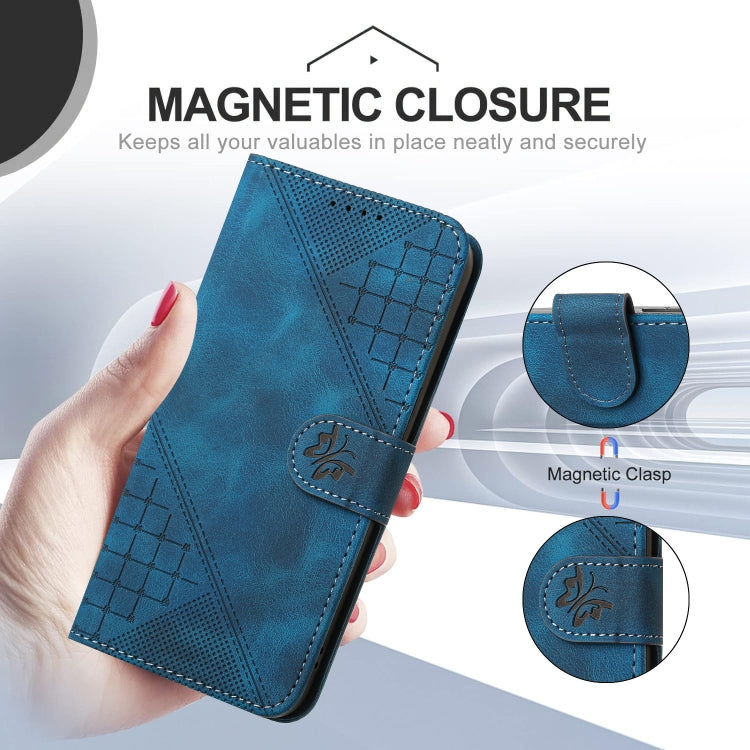 For iPhone 16 YX0080 Grid Butterfly Embossed Pattern Flip Leather Phone Case with Lanyard(Dark Blue) - iPhone 16 Cases by buy2fix | Online Shopping UK | buy2fix