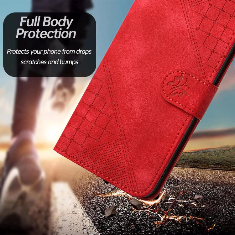 For iPhone 16 YX0080 Grid Butterfly Embossed Pattern Flip Leather Phone Case with Lanyard(Red) - iPhone 16 Cases by buy2fix | Online Shopping UK | buy2fix