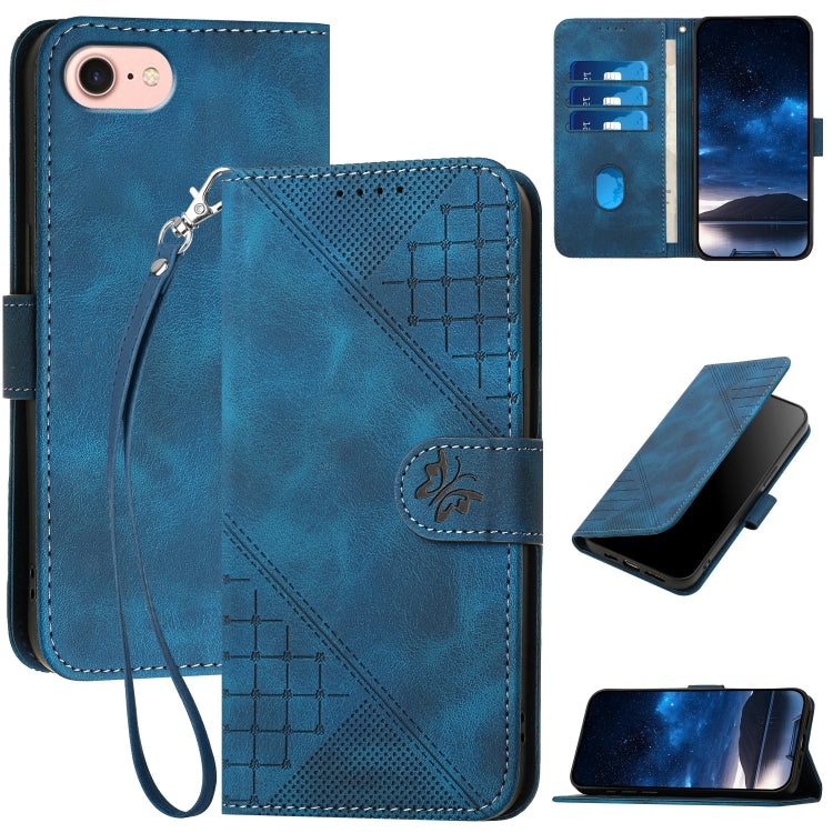 For iPhone SE 2024 YX0080 Grid Butterfly Embossed Pattern Flip Leather Phone Case with Lanyard(Dark Blue) - More iPhone Cases by buy2fix | Online Shopping UK | buy2fix