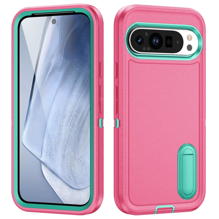 For Google Pixel 9 Pro Rugged PC + Silicone Phone Case with Holder(Rose Red+Light Green) - Google Cases by buy2fix | Online Shopping UK | buy2fix