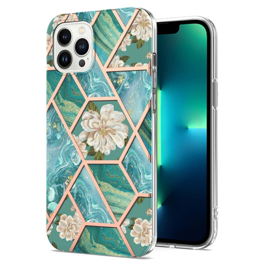 For iPhone 16 Pro Splicing Marble Flower IMD TPU Phone Case(Blue Flower) - iPhone 16 Pro Cases by buy2fix | Online Shopping UK | buy2fix