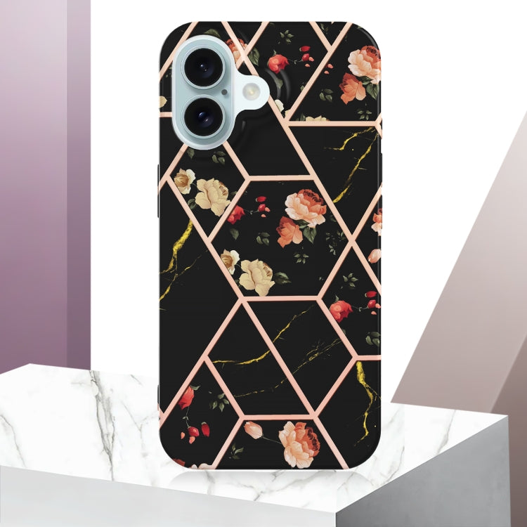 For iPhone 16 Splicing Marble Flower IMD TPU Phone Case(Black Flower) - iPhone 16 Cases by buy2fix | Online Shopping UK | buy2fix