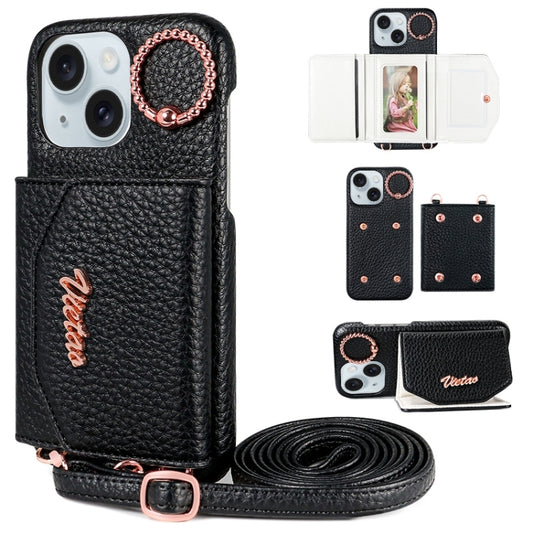 For iPhone 13 VIETAO Ring Holder Card Bag Phone Case with Lanyard(Black) - iPhone 13 Cases by VIETAO | Online Shopping UK | buy2fix