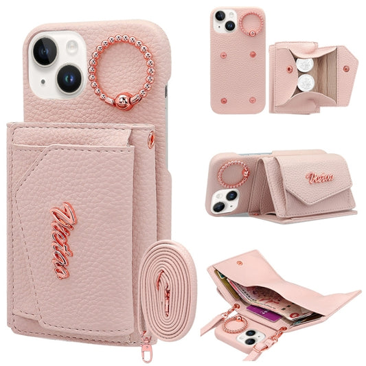 For iPhone 15 VIETAO Ring Holder Wallet PU Phone Case with Lanyard(Pink) - iPhone 15 Cases by VIETAO | Online Shopping UK | buy2fix