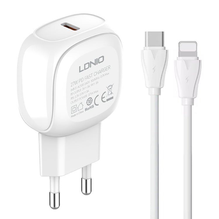 LDNIO A1206C PD27W USB-C / Type-C Fast Charger with 1m 8 Pin Cable, Plug Type:EU Plug(White) - USB Charger by LDNIO | Online Shopping UK | buy2fix