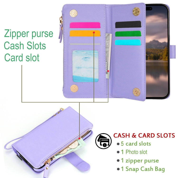 For iPhone 16 Pro Wristband Holder Zipper Purse RFID Leather Phone Case(Purple) - iPhone 16 Pro Cases by buy2fix | Online Shopping UK | buy2fix