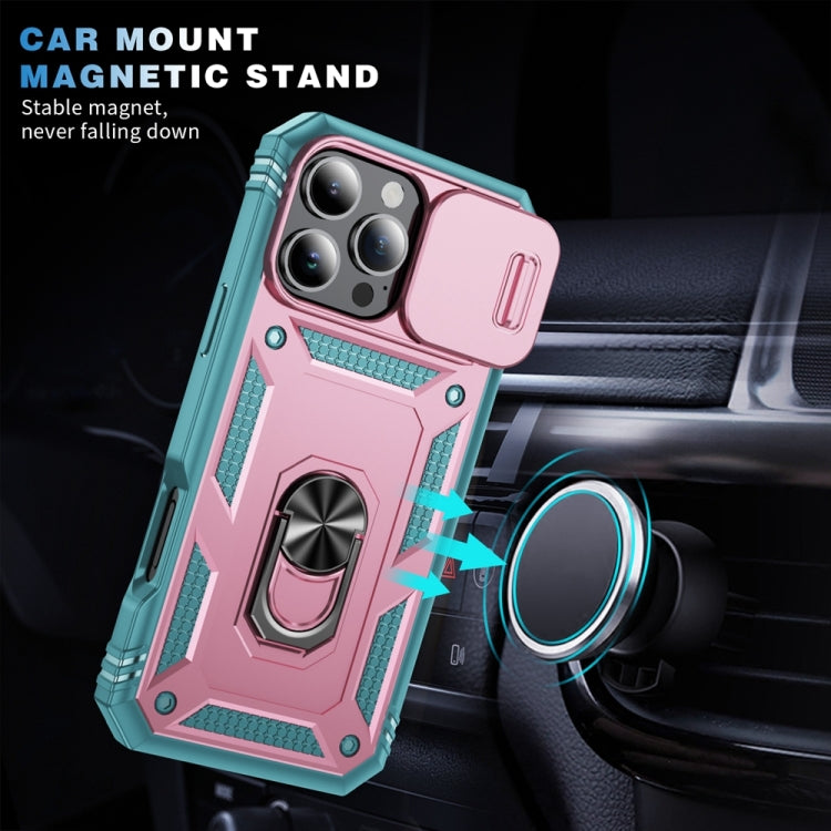 For iPhone 16 Pro Sliding Camshield TPU + PC Phone Case with Holder(Pink+Green) - iPhone 16 Pro Cases by buy2fix | Online Shopping UK | buy2fix