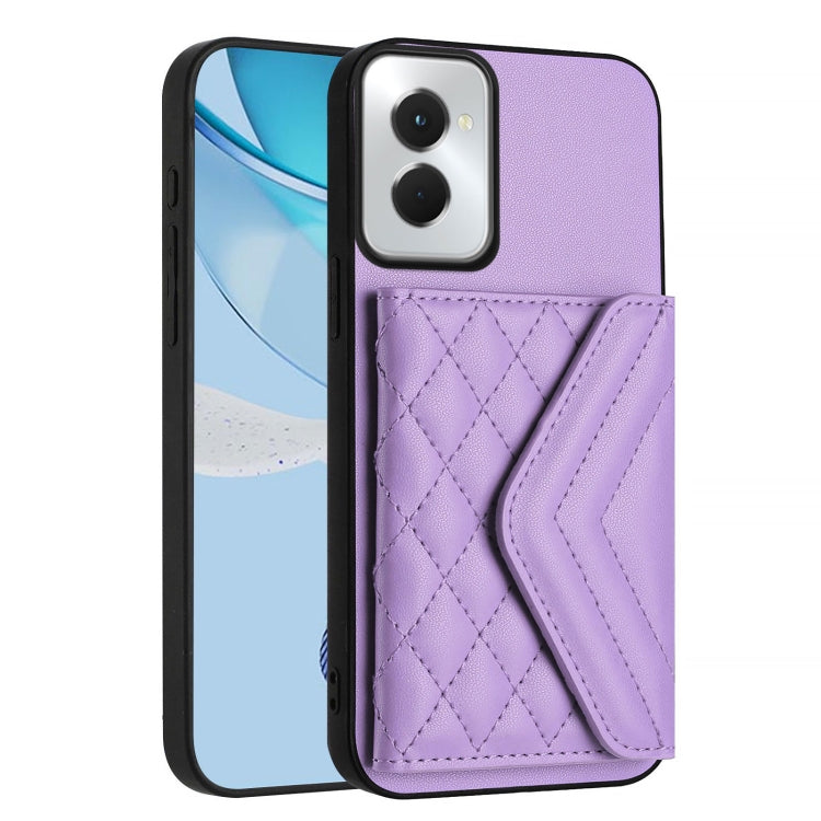 For Motorola Moto G Power 2024 5G Rhombic Texture Card Bag RFID Phone Case with Long Lanyard(Light Purple) - Motorola Cases by buy2fix | Online Shopping UK | buy2fix