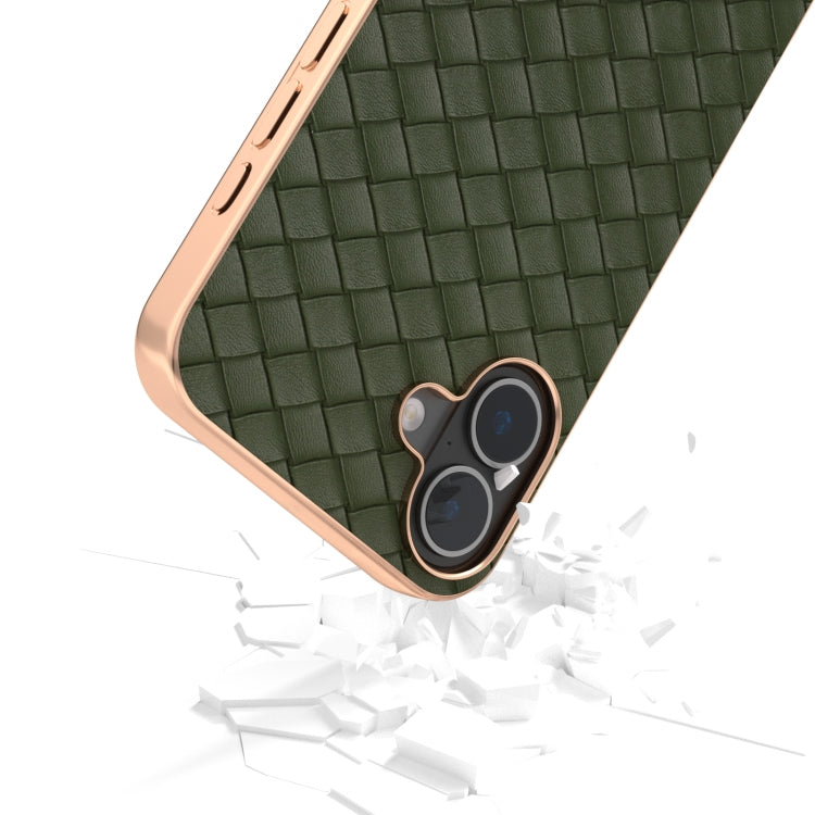 For iPhone 16 Electroplated Frame Woven Texture PU Phone Case(Green) - iPhone 16 Cases by buy2fix | Online Shopping UK | buy2fix