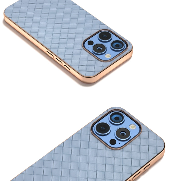 For iPhone 16 Pro Electroplated Frame Woven Texture PU Phone Case(Light Blue) - iPhone 16 Pro Cases by buy2fix | Online Shopping UK | buy2fix