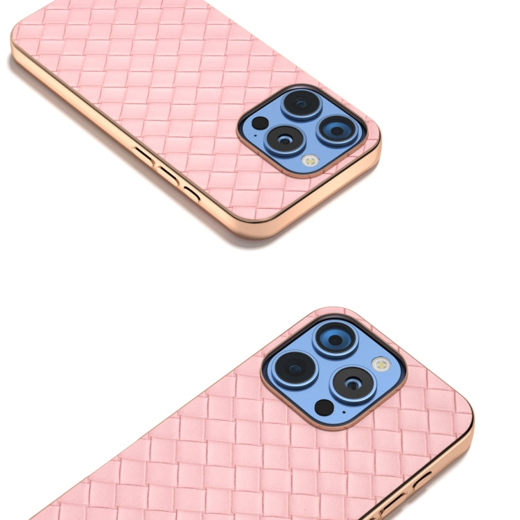 For iPhone 16 Pro Max Electroplated Frame Woven Texture PU Phone Case(Pink) - iPhone 16 Pro Max Cases by buy2fix | Online Shopping UK | buy2fix